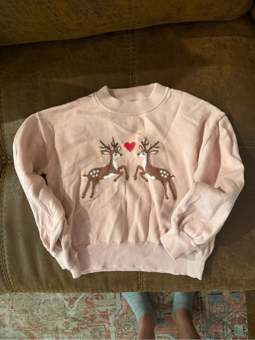 Kids Pink Deer Motif Crewneck Sweater